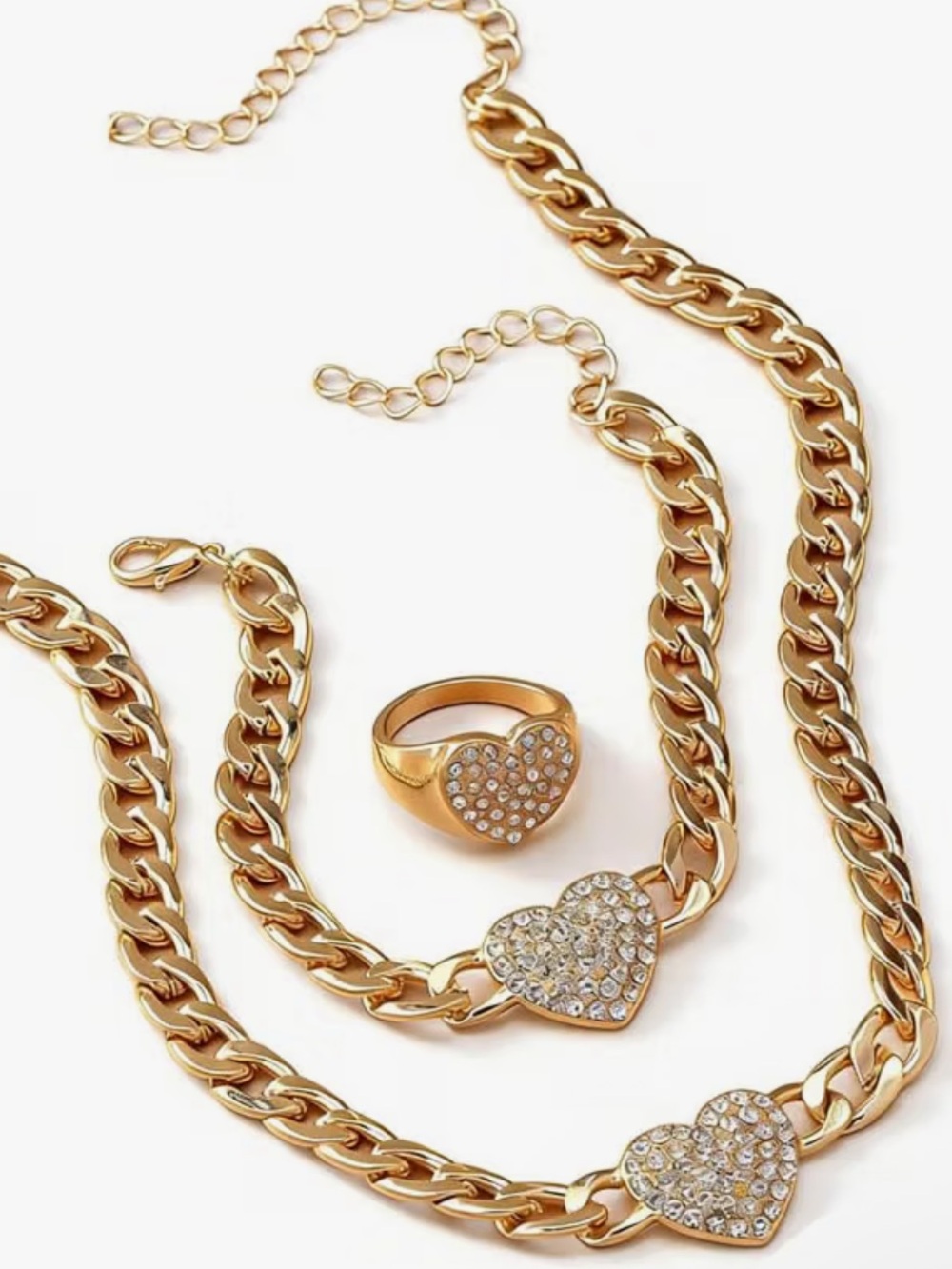 Anthropologie Gold-Tone Heart Necklace and Ring Set with Crystal Accents